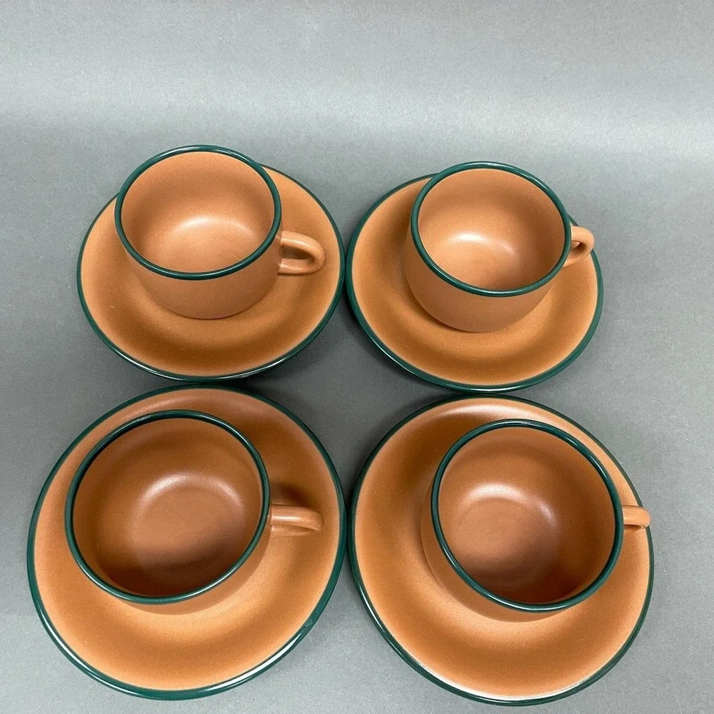 Vintage Brown Green‎ Trim Cups and Saucers Mexico? Lot of 8